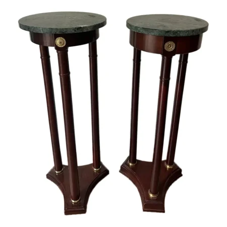 Pair of Vintage Regency Style Bombay Co. Pedestal Stands in Mahogany With a Green Marble Top