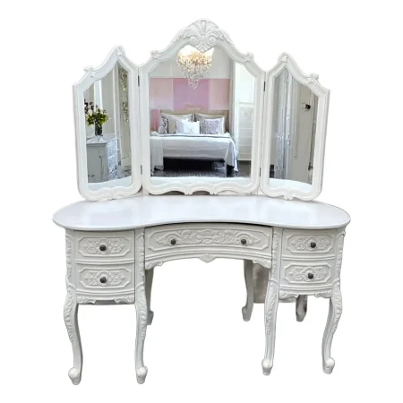 French King Louis White Mahogany Kidney Vanity W/ Triple Mirror