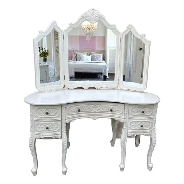 French King Louis White Mahogany Kidney Vanity W/ Triple Mirror