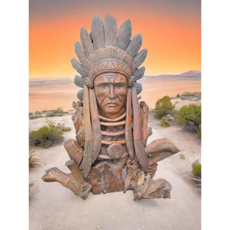 Life-Size Native American Chief Statue – Teak Wood Sculpture