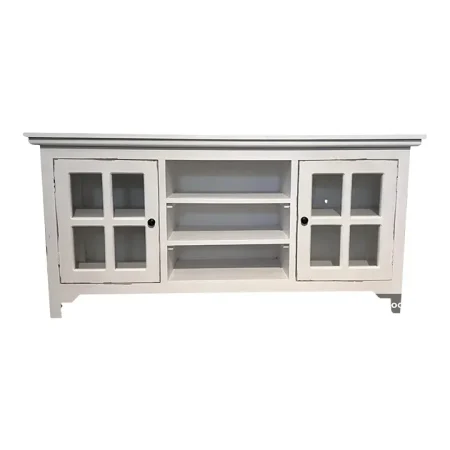 Coastal Distressed White Glass Door Media Console Sideboard