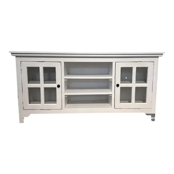 Coastal Distressed White Glass Door Media Console Sideboard