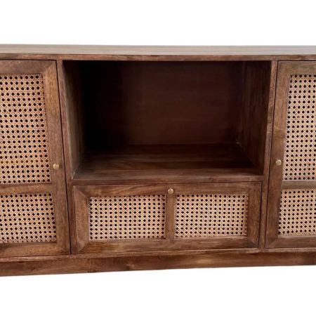 Coastal Boho 5' Teak Wood Media Console with Caned Doors – Natural Finish