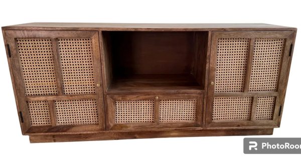Coastal Boho 5' Teak Wood Media Console with Caned Doors – Natural Finish