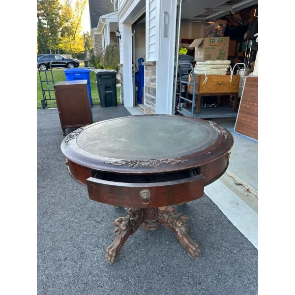 Victorian Carved Mahogany and Oak Center Table With Leather Top - Image 2
