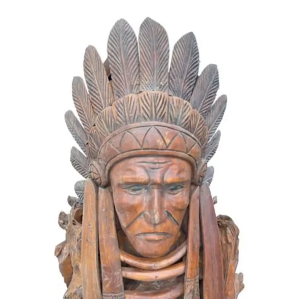 Life-Size Native American Chief Statue – Teak Wood Sculpture - Image 2