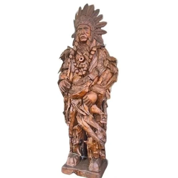 7' Native American Chief Statue – Teak Free-Standing Sculpture - Image 2