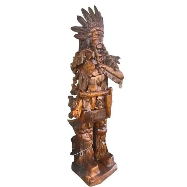 Over 7' Native American Chief Teak Sculpture – Tall Statue - Image 2
