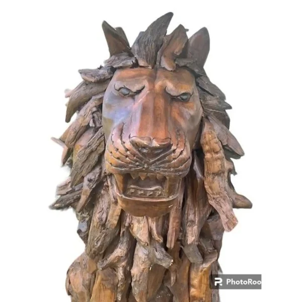 7' Tall Sitting Lion Statue – Life-Size Teak Garden Sculpture - Image 2