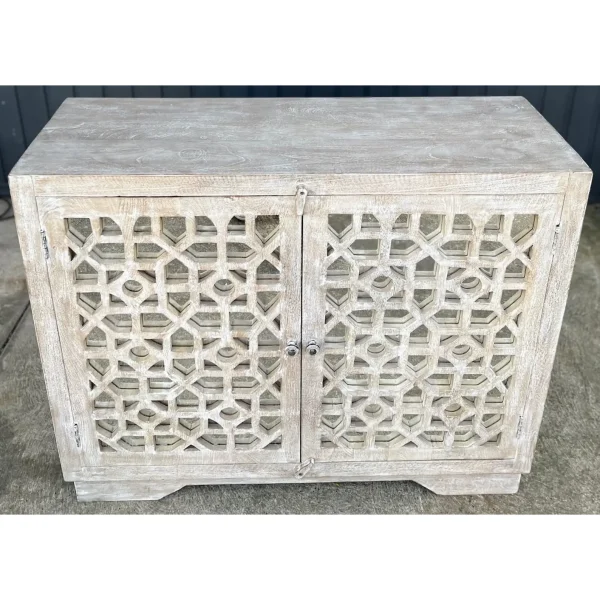 Coastal Boho Carved Glass Door Whitewashed Cabinet - Image 2