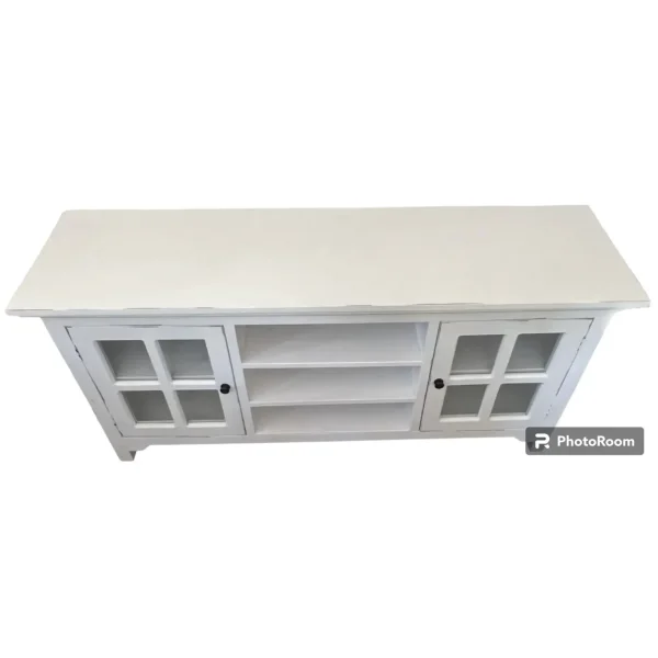 Coastal Distressed White Glass Door Media Console Sideboard - Image 2