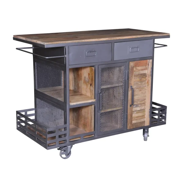 Industrial Mango Wood & Iron Rolling Bar Cart - Image 2