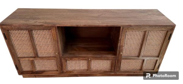 Coastal Boho 5' Teak Wood Media Console with Caned Doors – Natural Finish - Image 2