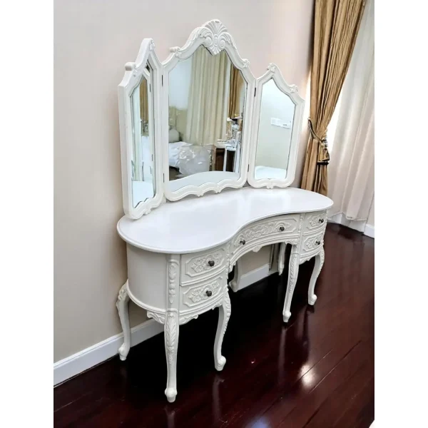 French King Louis White Mahogany Kidney Vanity W/ Triple Mirror - Image 2