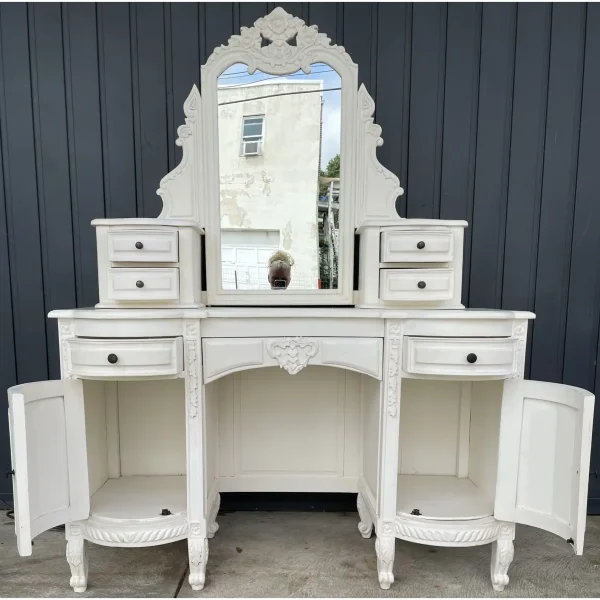Shabby Chic Baroque White Wood Vanity Desk – Mirror Included - Image 2
