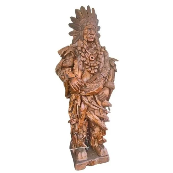 7' Native American Chief Statue – Teak Free-Standing Sculpture - Image 3