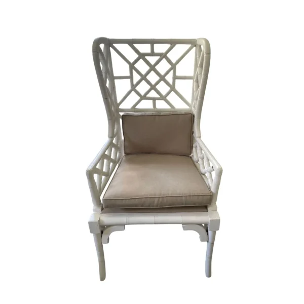 Pair of Coastal Boho Mahogany Pagoda Wingback Armchairs - Image 3