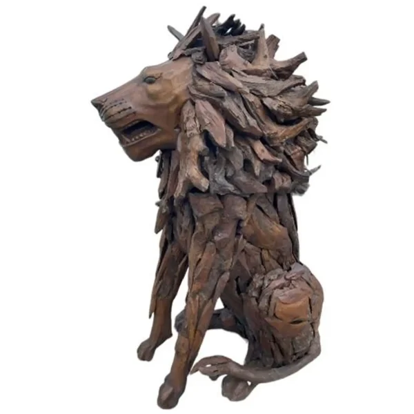 7' Tall Sitting Lion Statue – Life-Size Teak Garden Sculpture - Image 3