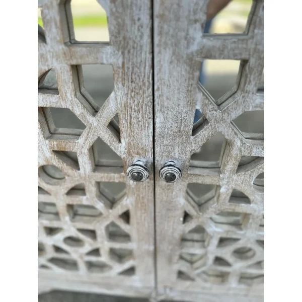 Coastal Boho Carved Glass Door Whitewashed Cabinet - Image 3