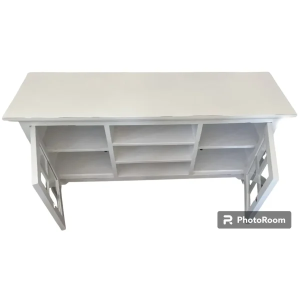 Coastal Distressed White Glass Door Media Console Sideboard - Image 3