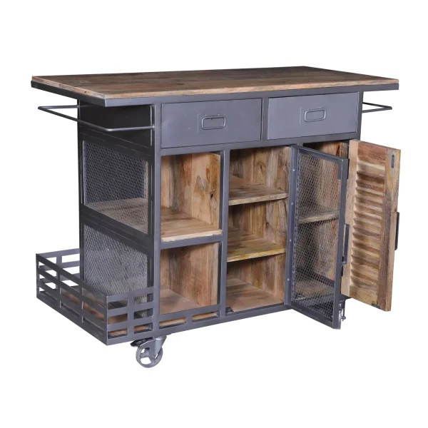 Industrial Mango Wood & Iron Rolling Bar Cart - Image 3