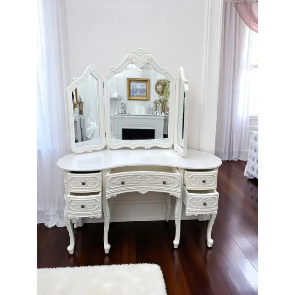 French King Louis White Mahogany Kidney Vanity W/ Triple Mirror - Image 3
