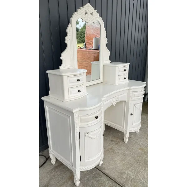Shabby Chic Baroque White Wood Vanity Desk – Mirror Included - Image 3