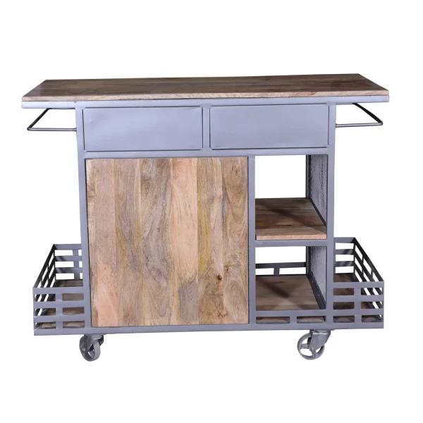 Industrial Mango Wood & Iron Rolling Bar Cart - Image 4