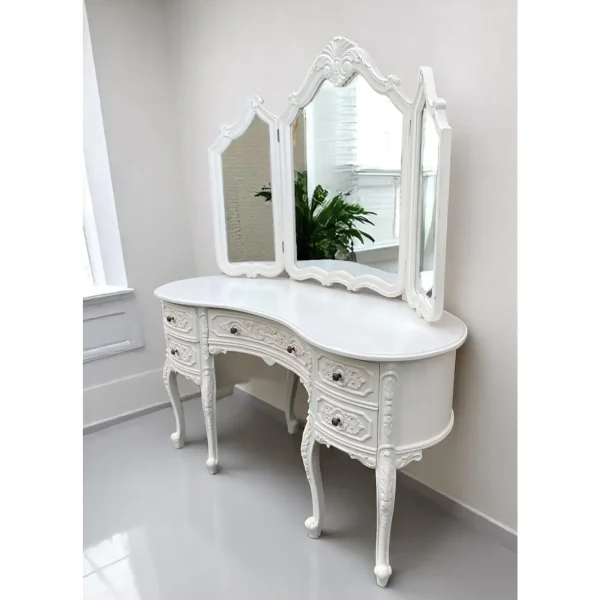 French King Louis White Mahogany Kidney Vanity W/ Triple Mirror - Image 4