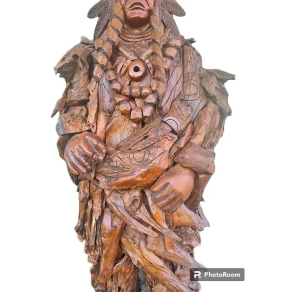 7' Native American Chief Statue – Teak Free-Standing Sculpture - Image 4