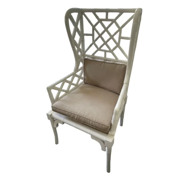 Pair of Coastal Boho Mahogany Pagoda Wingback Armchairs - Image 4