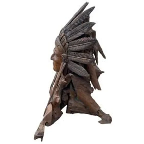 Life-Size Native American Chief Statue – Teak Wood Sculpture - Image 5