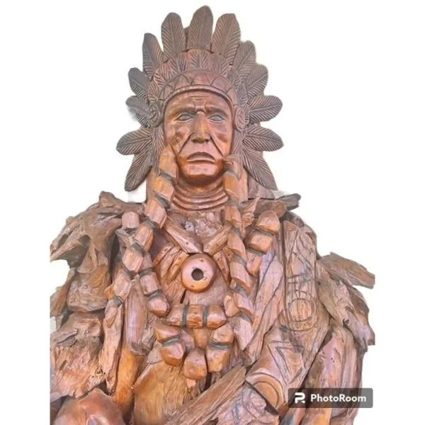 7' Native American Chief Statue – Teak Free-Standing Sculpture - Image 5