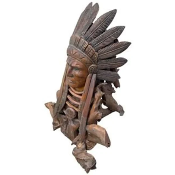 Life-Size Native American Chief Statue – Teak Wood Sculpture - Image 6