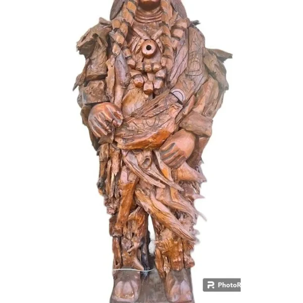 7' Native American Chief Statue – Teak Free-Standing Sculpture - Image 6