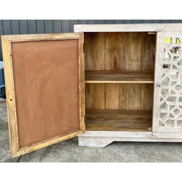 Coastal Boho Carved Glass Door Whitewashed Cabinet - Image 6