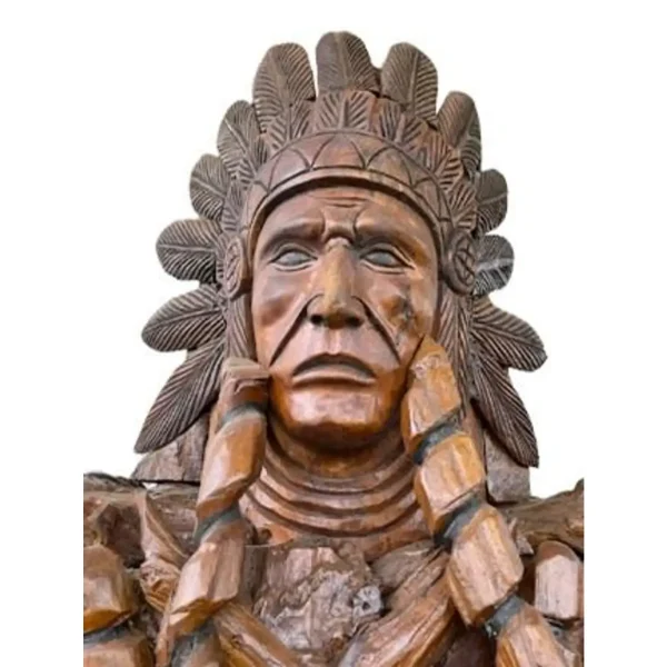 7' Native American Chief Statue – Teak Free-Standing Sculpture - Image 7