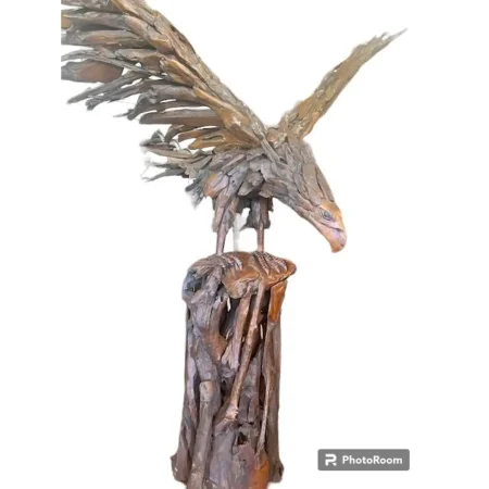 7' Teak Eagle Statue – Tree Stump Base Indoor Outdoor Decor