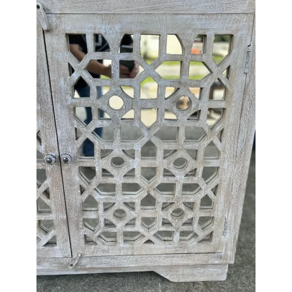 Coastal Boho Carved Glass Door Whitewashed Cabinet - Image 9