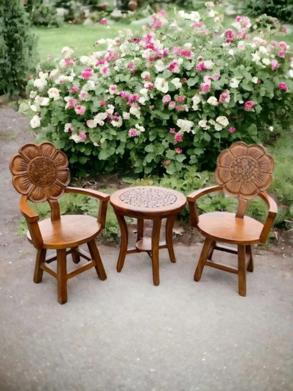 Wooden Sunflower Outdoor Garden Table & 2 Chairs - Image 2