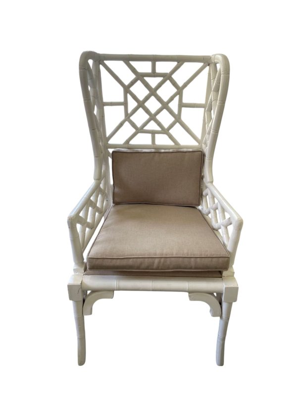 Pair of Coastal Boho Mahogany Pagoda Wingback Armchairs - Image 3