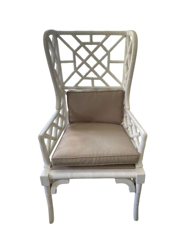 Pair of Coastal Boho Mahogany Pagoda Wingback Armchairs - Image 5