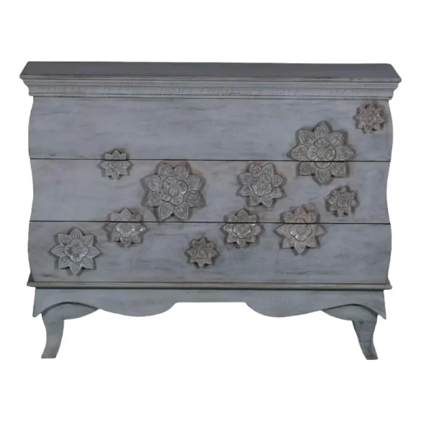 French Bombay Floral Carved 3-Drawer Chest - Image 4