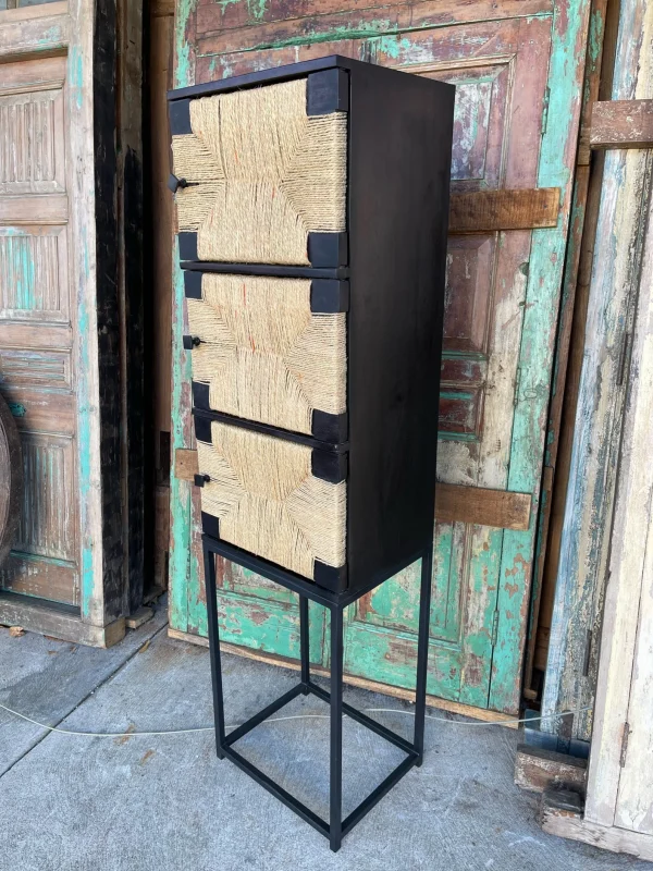 Industrial Boho 3-Door Wicker Metal Storage Cabinet - Image 2
