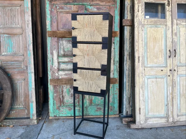 Industrial Boho 3-Door Wicker Metal Storage Cabinet - Image 3
