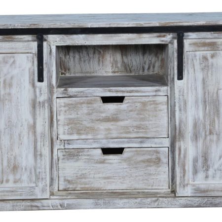 Coastal Whitewash 5' Sliding Door TV Stand Media Cabinet