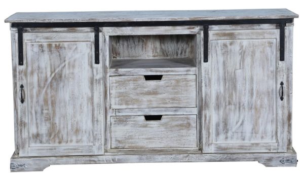 Coastal Whitewash 5' Sliding Door TV Stand Media Cabinet