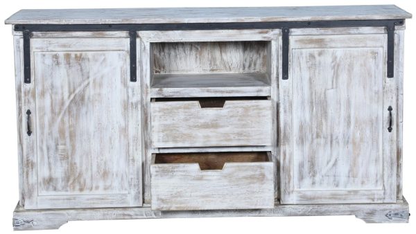 Coastal Whitewash 5' Sliding Door TV Stand Media Cabinet - Image 3