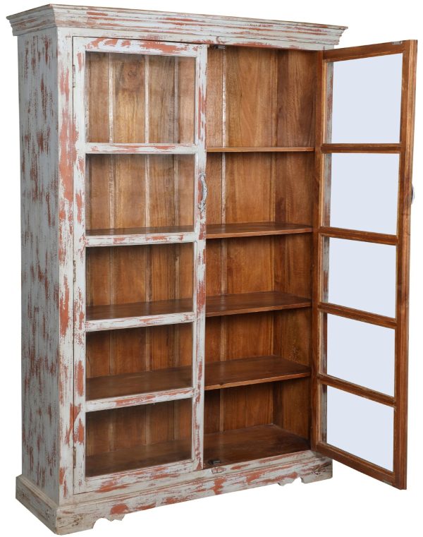 Rustic Reclaimed 6' Tall Glass Door Wood Bookcase Weathered - Image 3