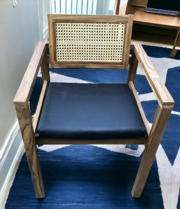 Pair of Coastal Boho Leather Cushion Teak & Cane Armchairs - Image 2